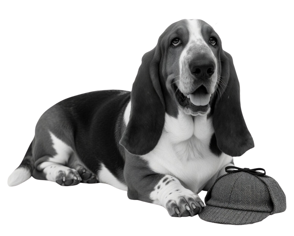 A basset hound tipping its hat