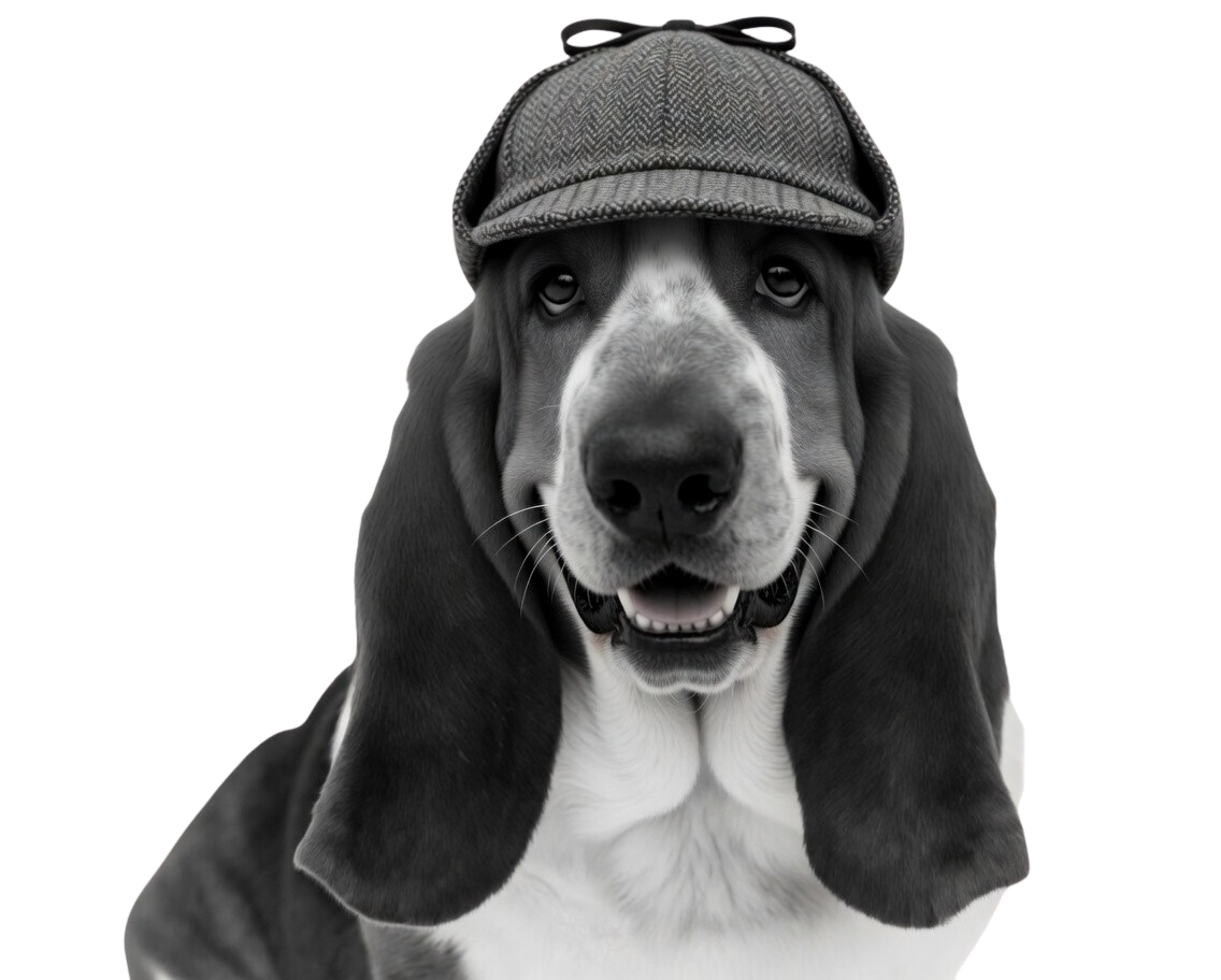 Spot the Detective — the Objective Look basset-hound mascot